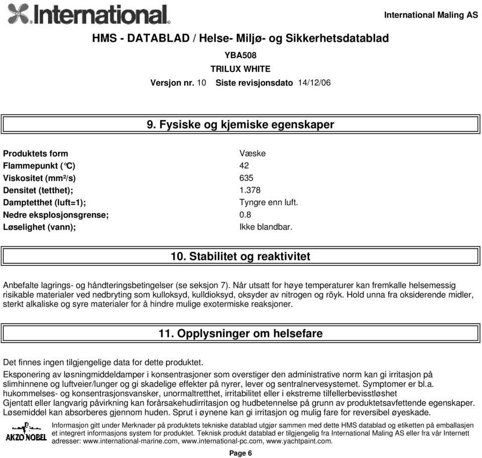 Når utsatt for høye temperaturer kan fremkalle helsemessig risikable materialer ved nedbryting som kulloksyd, kulldioksyd, oksyder av nitrogen og röyk.