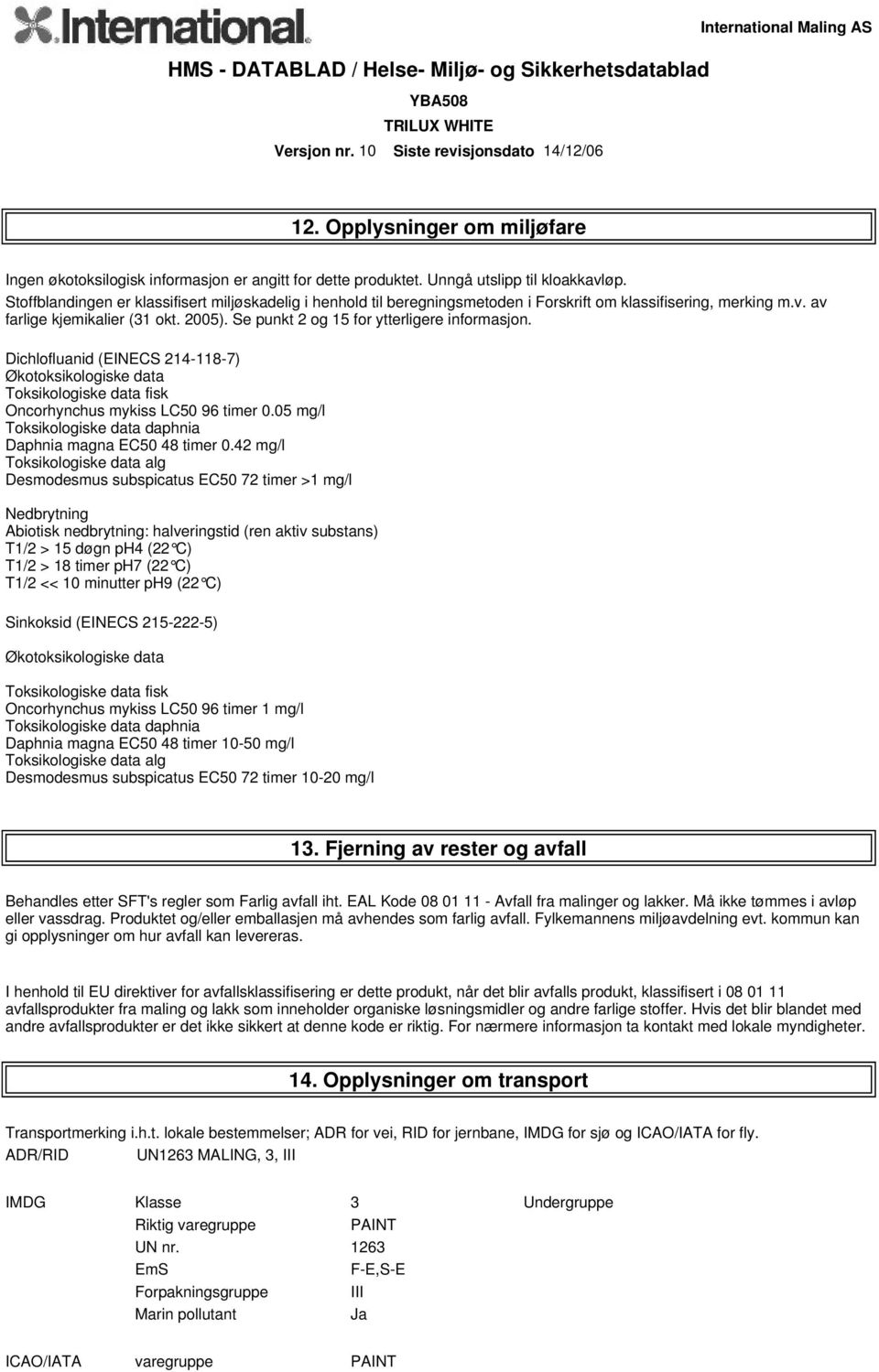 Se punkt 2 og 15 for ytterligere informasjon. Dichlofluanid (EINECS 214-118-7) Økotoksikologiske data Toksikologiske data fisk Oncorhynchus mykiss LC50 96 timer 0.