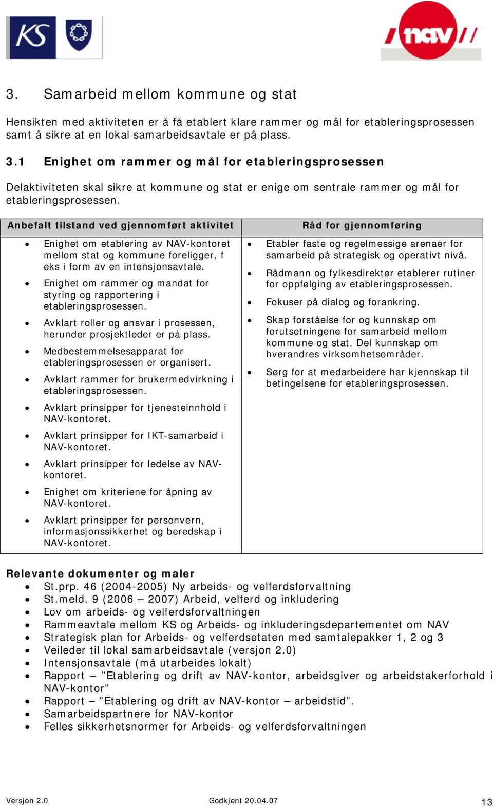 Anbefalt tilstand ved gjennomført aktivitet Enighet om etablering av NAV-kontoret mellom stat og kommune foreligger, f eks i form av en intensjonsavtale.