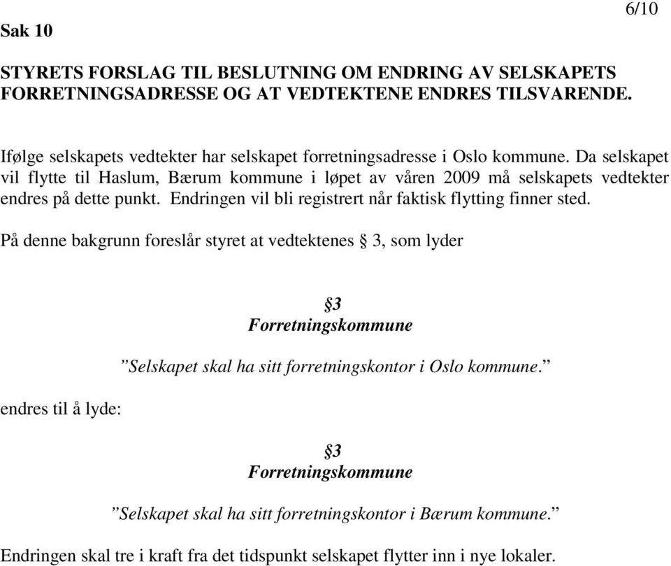 Da selskapet vil flytte til Haslum, Bærum kommune i løpet av våren 2009 må selskapets vedtekter endres på dette punkt.