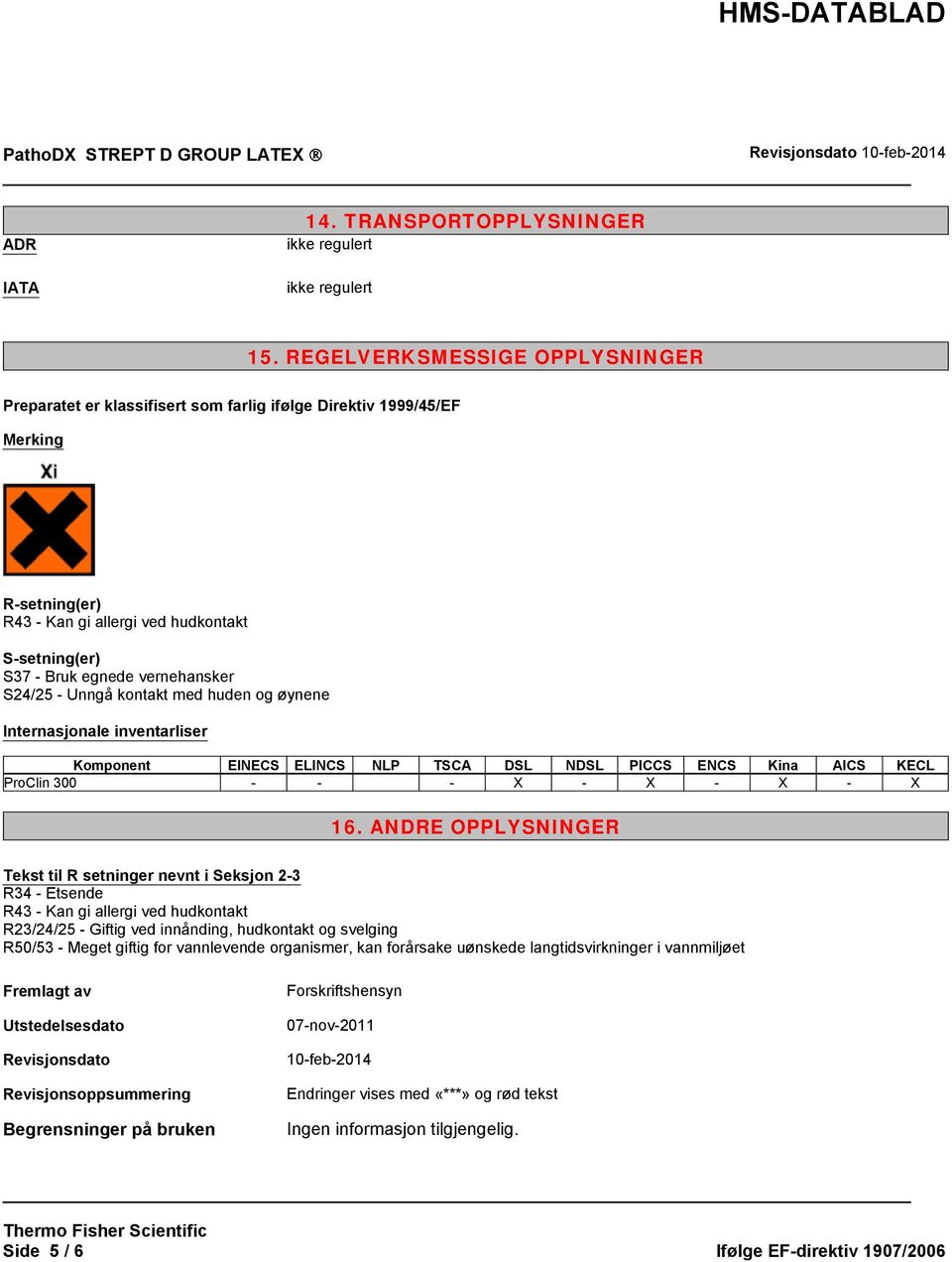 S24/25 - Unngå kontakt med huden og øynene Internasjonale inventarliser Komponent EINECS ELINCS NLP TSCA DSL NDSL PICCS ENCS Kina AICS KECL ProClin 300 - - - X - X - X - X 16.