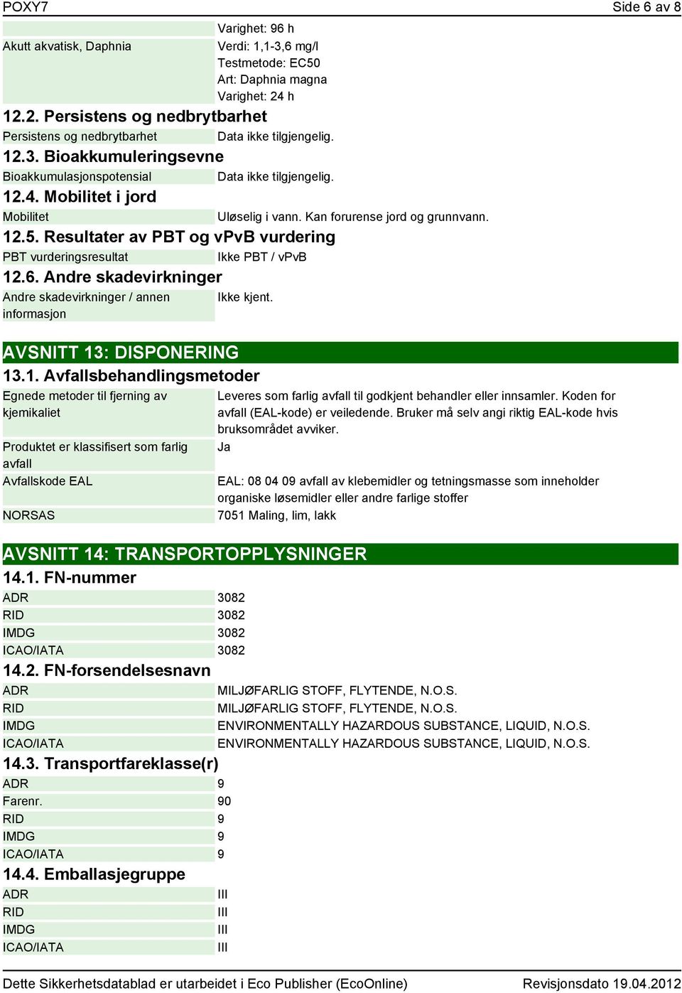 Mobilitet i jord Mobilitet 12.5. Resultater av PBT og vpvb vurdering PBT vurderingsresultat Ikke PBT / vpvb 12.6. Andre skadevirkninger Andre skadevirkninger / annen informasjon Uløselig i vann.