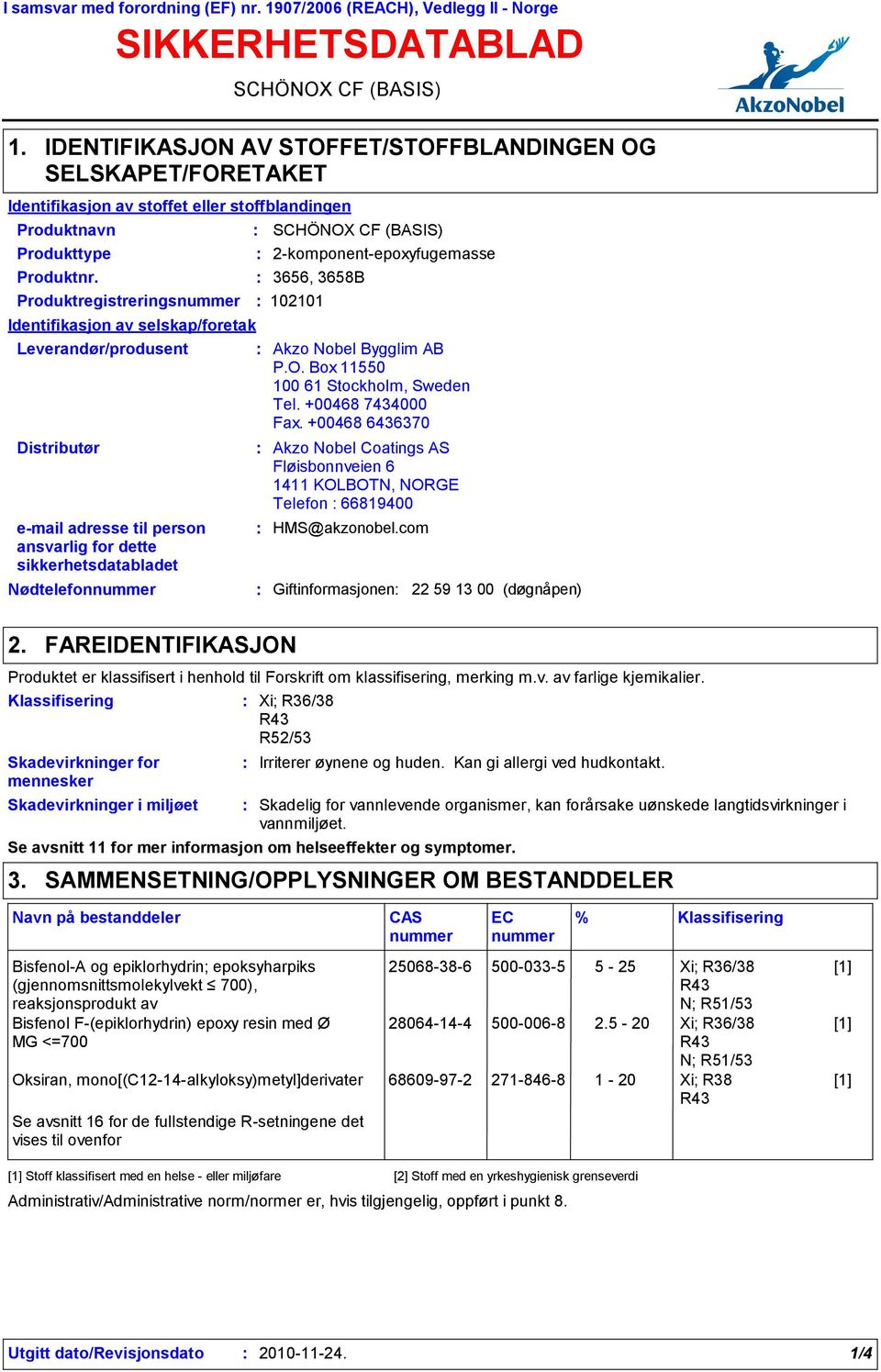 Produktregistreringsnummer 102101 Identifikasjon av selskap/foretak Leverandør/produsent Distributør email adresse til person ansvarlig for dette sikkerhetsdatabladet Nødtelefonnummer SCHÖNOX CF