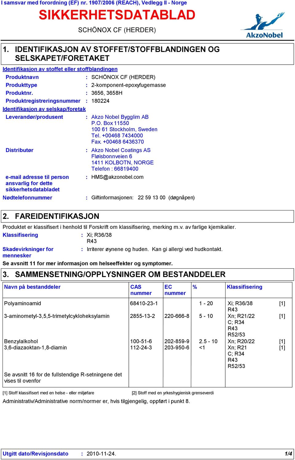 Produktregistreringsnummer 180224 Identifikasjon av selskap/foretak Leverandør/produsent Distributør email adresse til person ansvarlig for dette sikkerhetsdatabladet Nødtelefonnummer SCHÖNOX CF