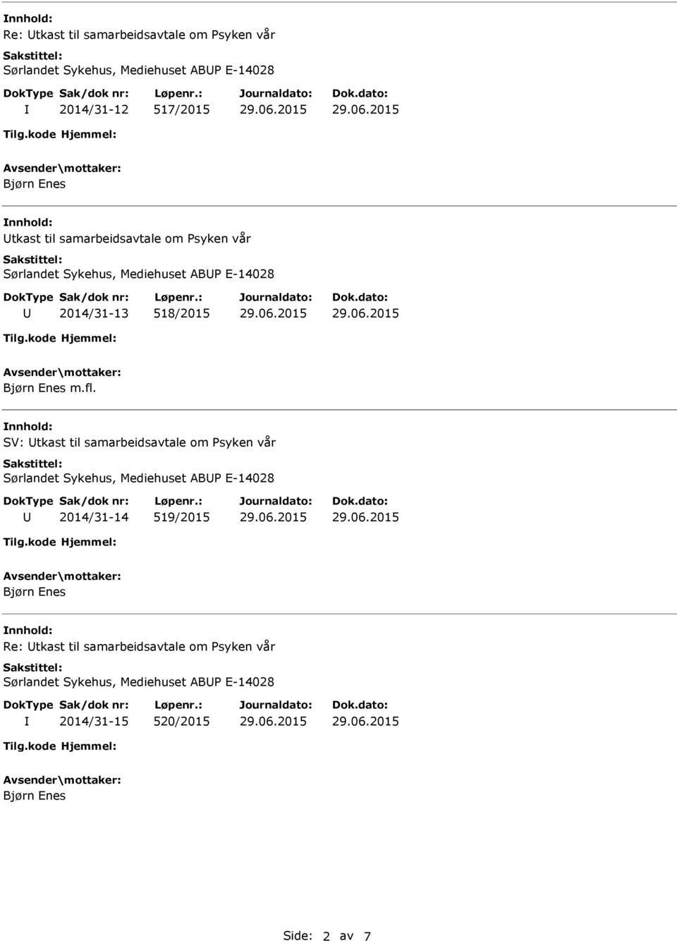 SV: tkast til samarbeidsavtale om Psyken vår Sørlandet Sykehus, Mediehuset ABP E-14028 2014/31-14 519/2015 Bjørn Enes Re: