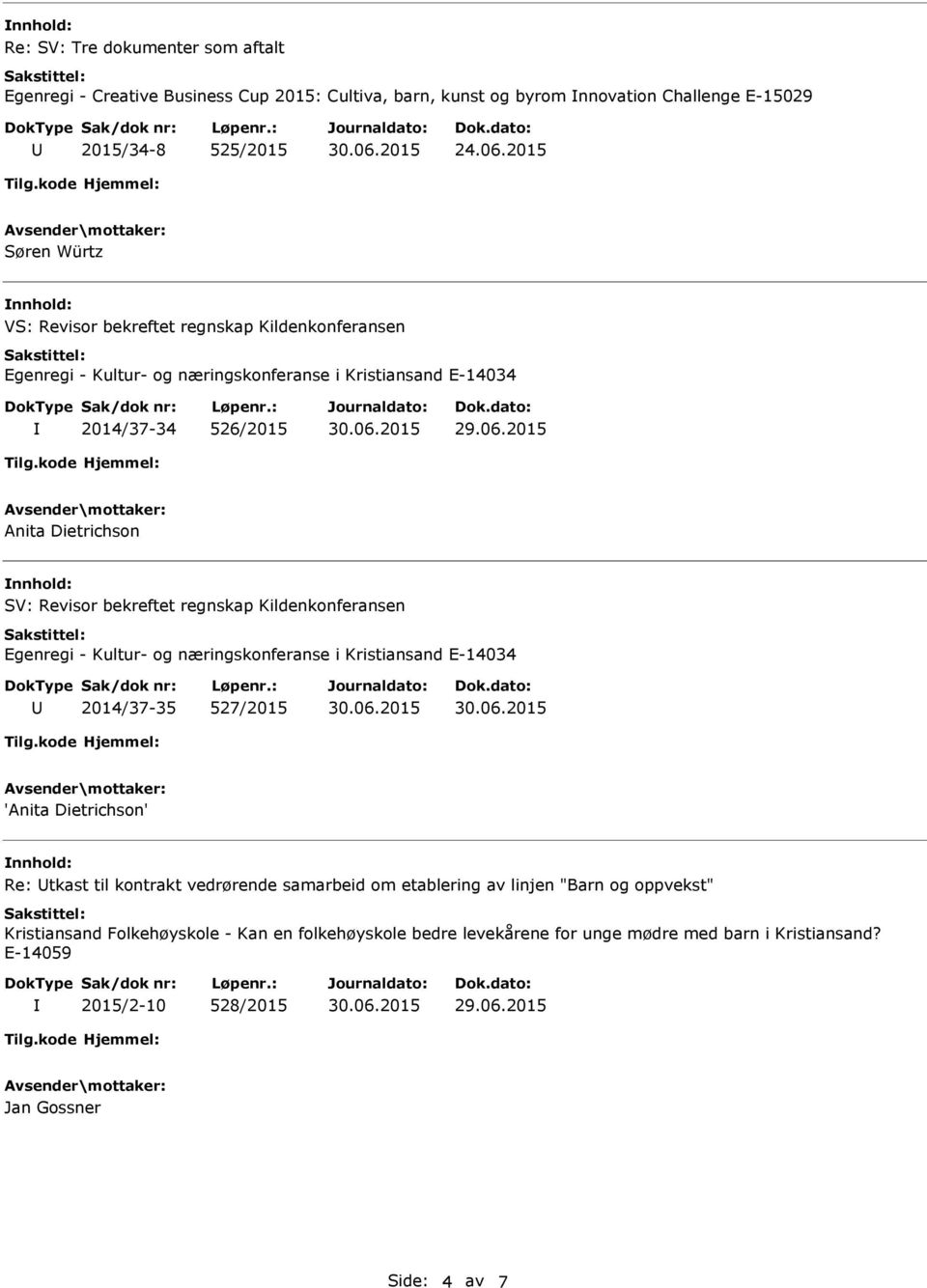 2015 Søren Würtz VS: Revisor bekreftet regnskap Kildenkonferansen Egenregi - Kultur- og næringskonferanse i Kristiansand E-14034 2014/37-34 526/2015