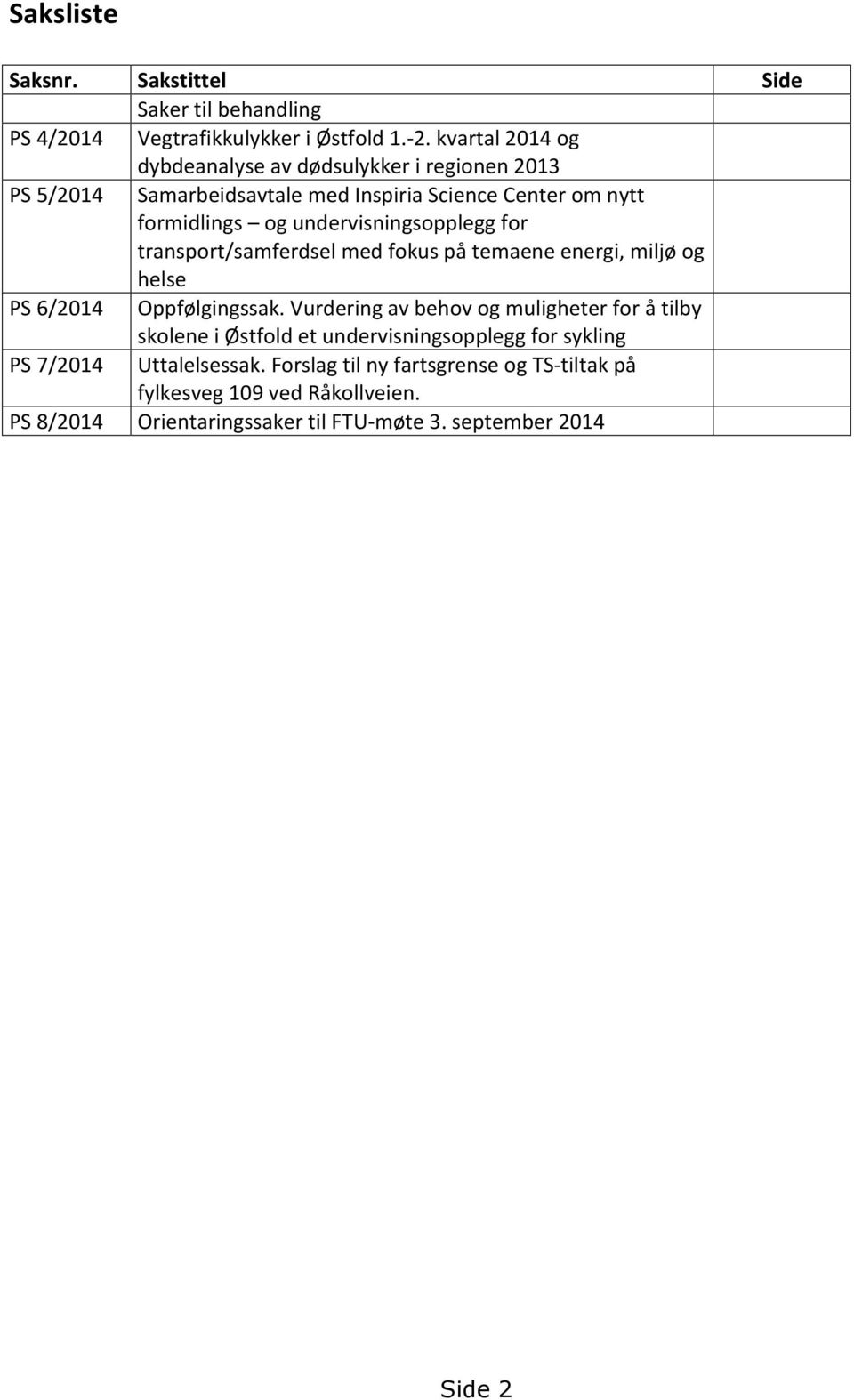 undervisningsopplegg for transport/samferdsel med fokus på temaene energi, miljø og helse PS 6/2014 Oppfølgingssak.