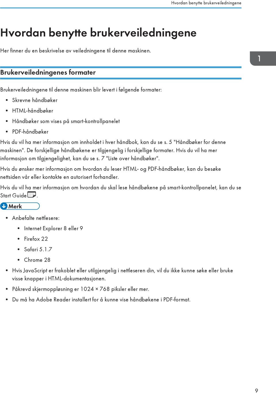 du vil ha mer informasjon om innholdet i hver håndbok, kan du se s. 5 "Håndbøker for denne maskinen". De forskjellige håndbøkene er tilgjengelig i forskjellige formater.