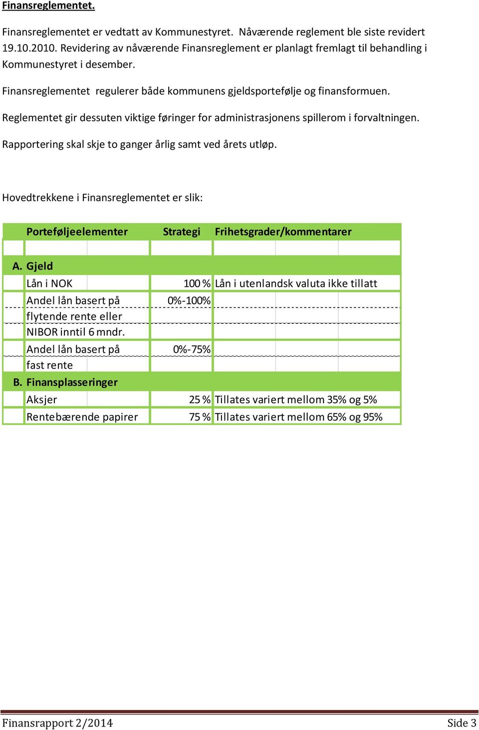 Reglementet gir dessuten viktige føringer for administrasjonens spillerom i forvaltningen. Rapportering skal skje to ganger årlig samt ved årets utløp.