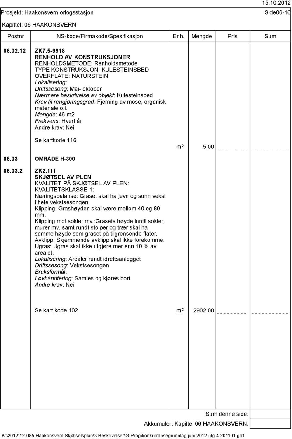 rengjøringsgrad: Fjerning av mose, organisk materiale o.l. Mengde: 46 m2 Frekvens: Hvert år Se kartkode 116 m 2 5,00 06.03 OMRÅDE H-300 06.03.2 ZK2.