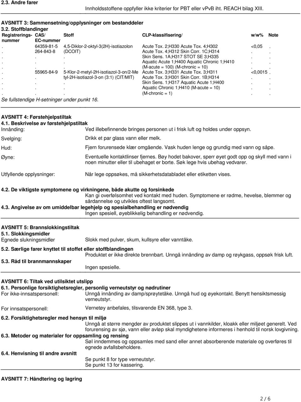 STOT SE 3;H335 Aquatic Acute 1;H400 Aquatic Chronic 1;H410 (M-acute = 100) (M-chronic = 10) <0,05 55965-84-9 5-Klor-2-metyl-2H-isotiazol-3-on/2-Me Acute Tox 3;H331 Acute Tox 3;H311 <0,0015