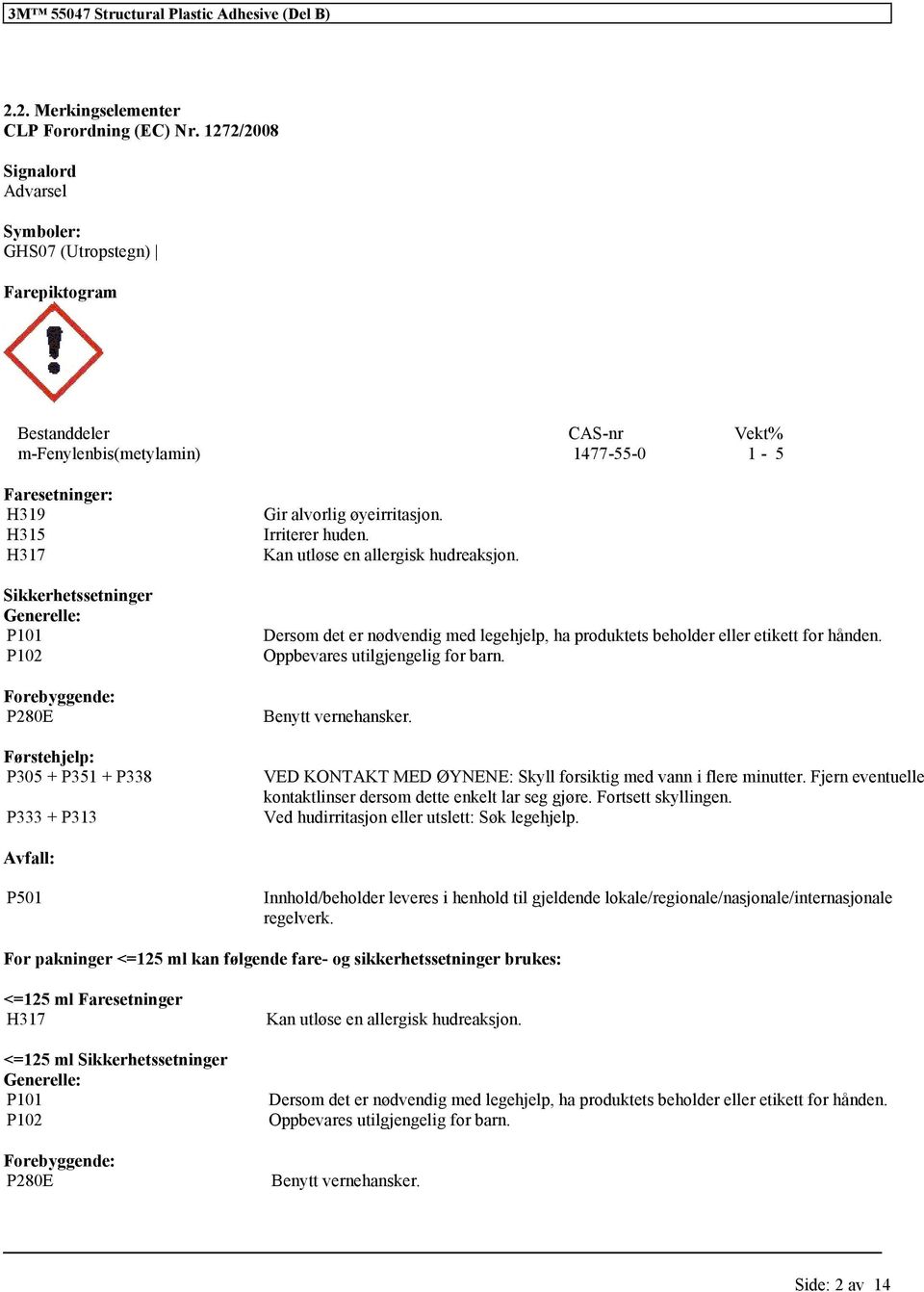 P101 P102 Forebyggende: P280E Førstehjelp: P305 + P351 + P338 P333 + P313 Gir alvorlig øyeirritasjon. Irriterer huden. Kan utløse en allergisk hudreaksjon.