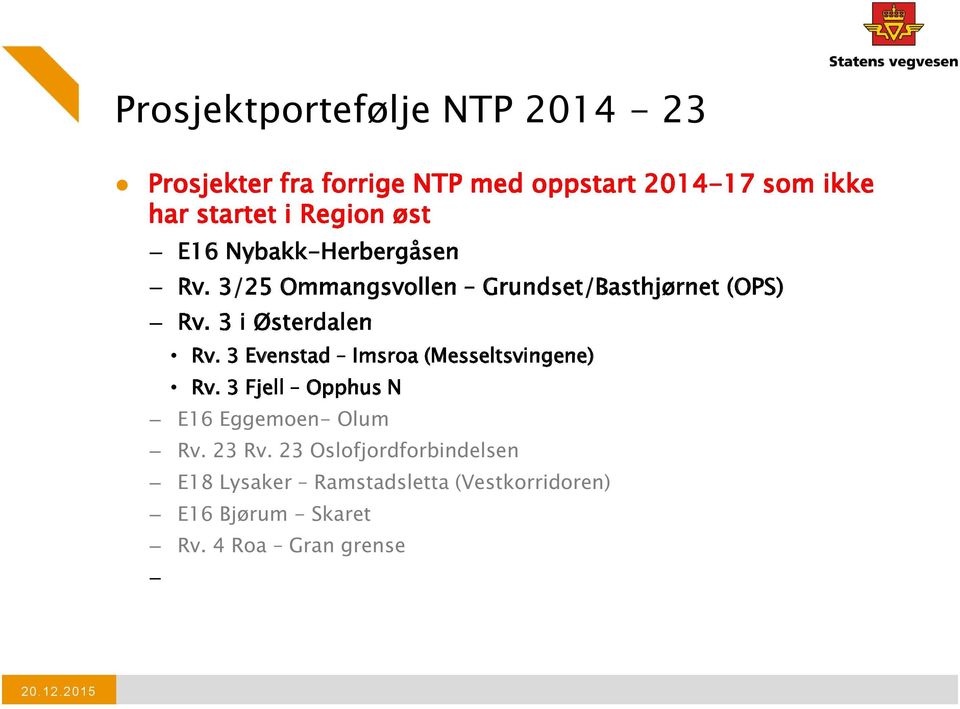 3 i Østerdalen Rv. 3 Evenstad Imsroa (Messeltsvingene) Rv. 3 Fjell Opphus N E16 Eggemoen - Olum Rv. 23 Rv.