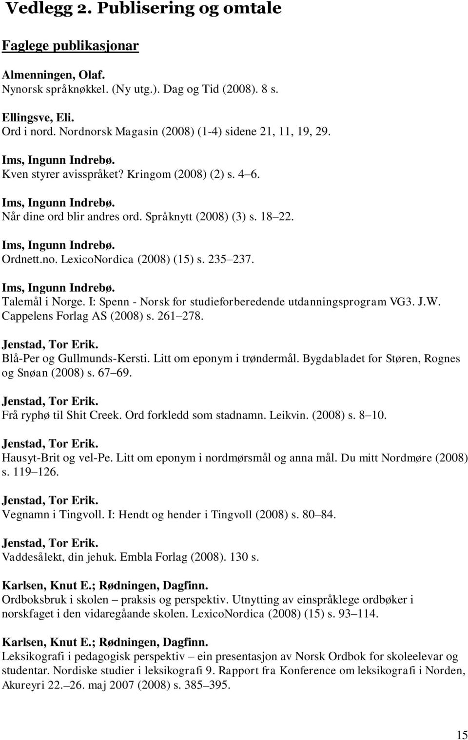 Språknytt (2008) (3) s. 18 22. Ims, Ingunn Indrebø. Ordnett.no. LexicoNordica (2008) (15) s. 235 237. Ims, Ingunn Indrebø. Talemål i Norge.