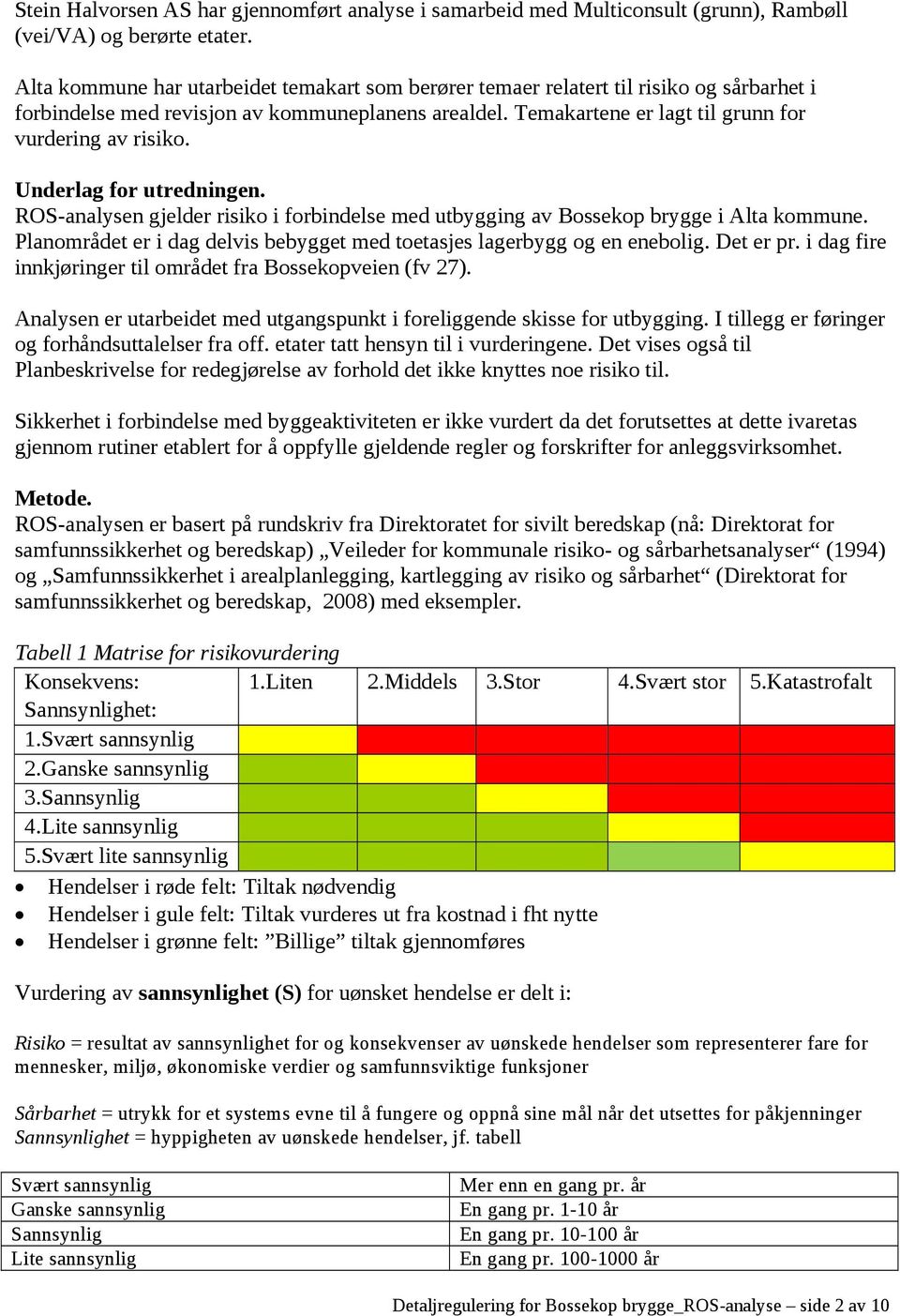 Underlag for utredningen. ROS-analysen gjelder risiko i forbindelse med utbygging av Bossekop brygge i Alta kommune. Planområdet er i dag delvis bebygget med toetasjes lagerbygg og en enebolig.