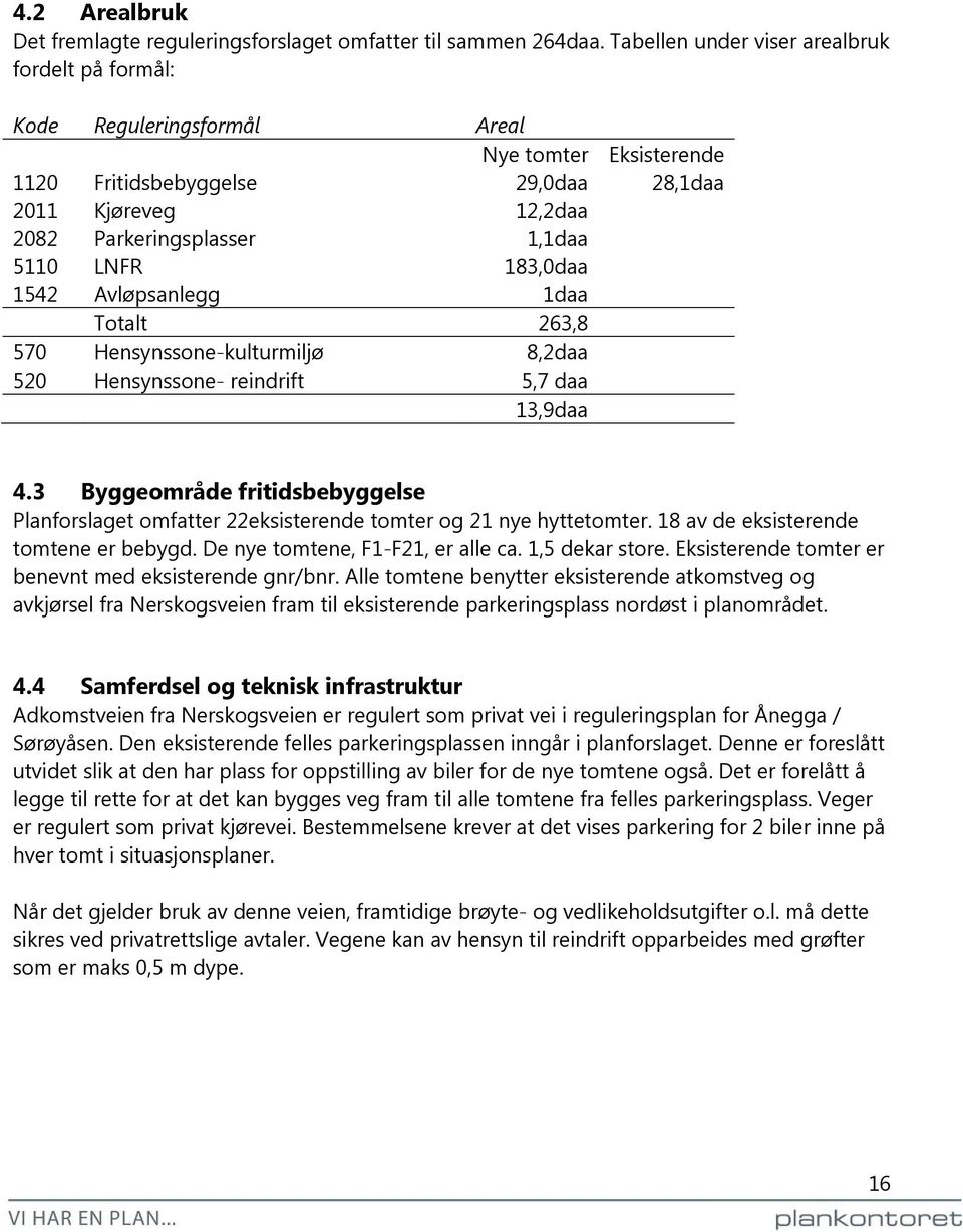 LNFR 183,0daa 1542 Avløpsanlegg 1daa Totalt 263,8 570 Hensynssone-kulturmiljø 8,2daa 520 Hensynssone- reindrift 5,7 daa 13,9daa 4.