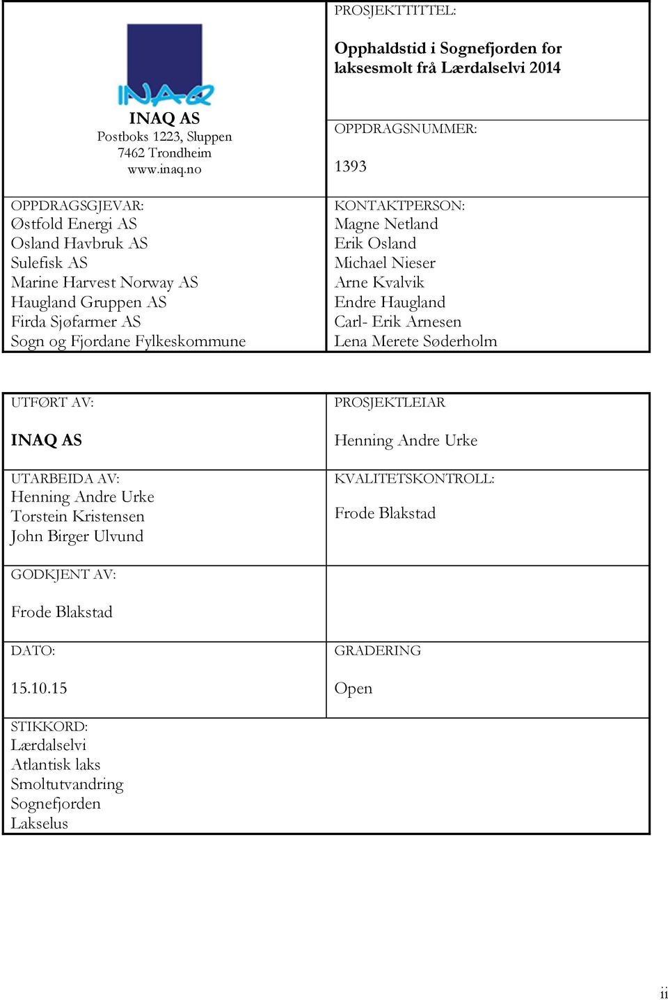 KONTAKTPERSON: Magne Netland Erik Osland Michael Nieser Arne Kvalvik Endre Haugland Carl- Erik Arnesen Lena Merete Søderholm UTFØRT AV: INAQ AS UTARBEIDA AV: Henning Andre Urke