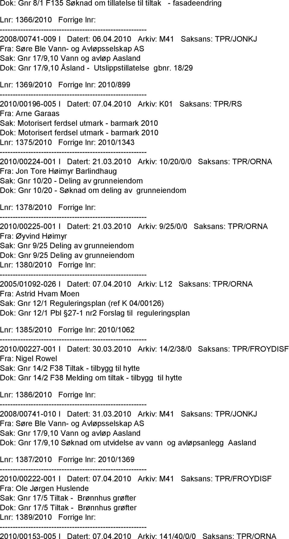 18/29 Lnr: 1369/2010 Forrige lnr: 2010/899 2010/00196-005 I Datert: 07.04.