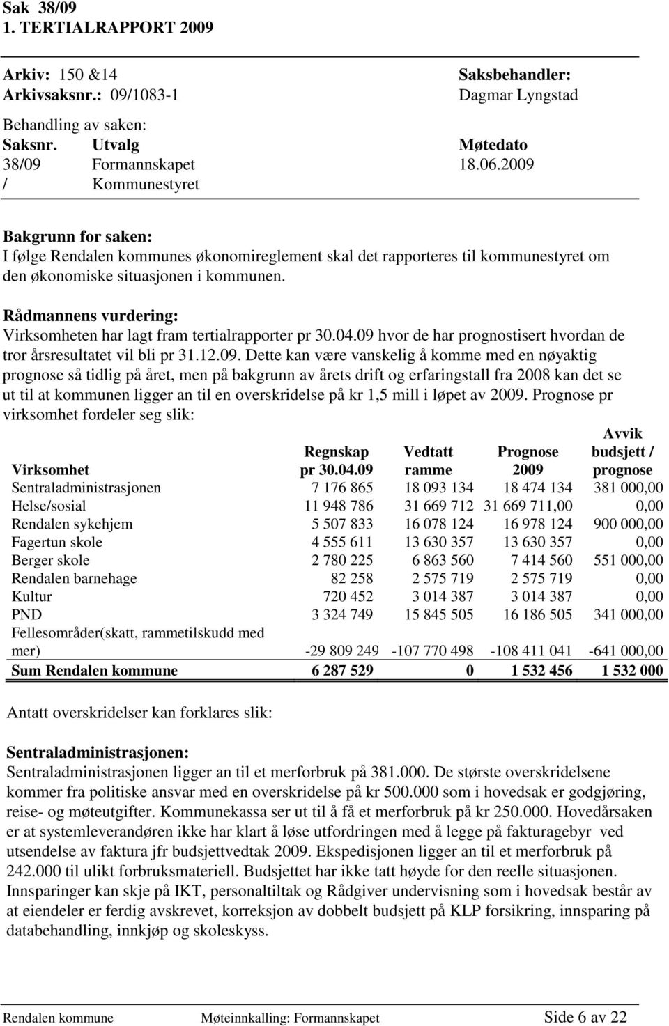 Rådmannens vurdering: Virksomheten har lagt fram tertialrapporter pr 30.04.09 