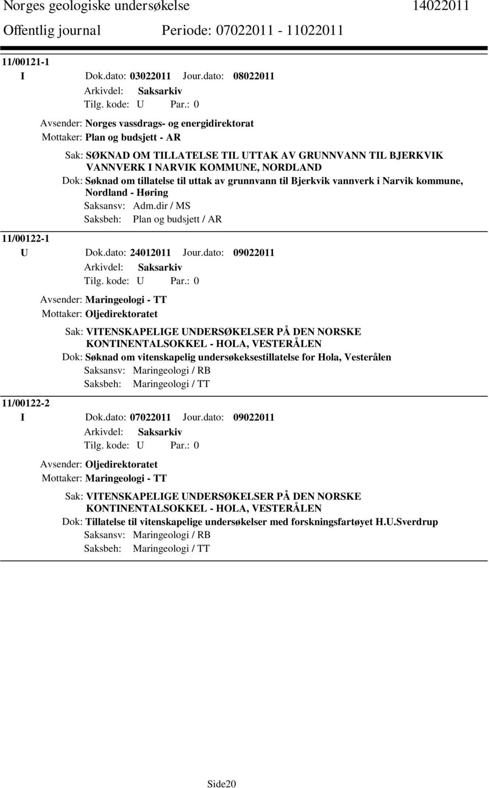 Søknad om tillatelse til uttak av grunnvann til Bjerkvik vannverk i Narvik kommune, Nordland - Høring Saksansv: Adm.dir / MS Saksbeh: Plan og budsjett / AR 11/00122-1 U Dok.dato: 24012011 Jour.