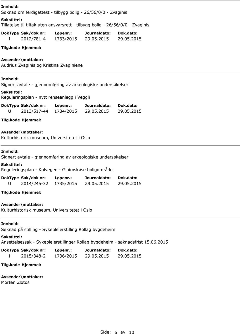 i Oslo nnhold: Signert avtale - gjennomføring av arkeologiske undersøkelser Reguleringsplan - Kolvegen - Glaimskøse boligområde 2014/245-32 1735/2015 Kulturhistorisk museum, niversitetet i