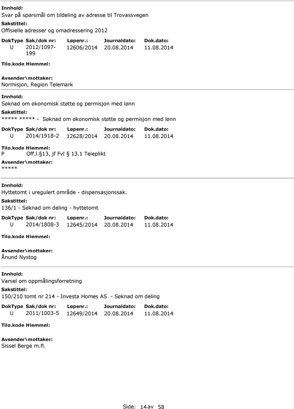 2014 P Off.l. 13, jf Fvl 13.1 Teieplikt Hyttetomt i uregulert område - dispensasjonssak. 136/1 - Søknad om deling - hyttetomt 2014/1808-