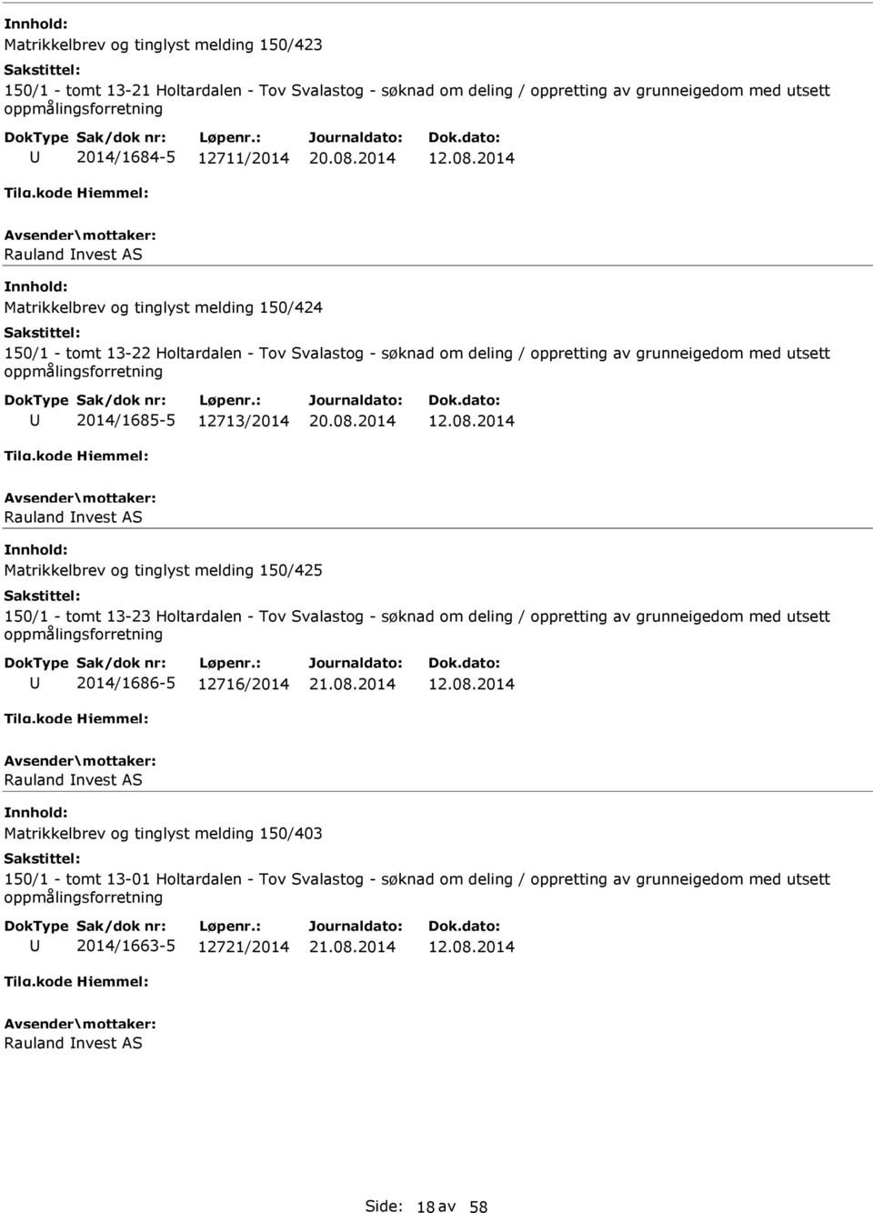 12713/2014 Rauland nvest AS Matrikkelbrev og tinglyst melding 150/425 150/1 - tomt 13-23 Holtardalen - Tov Svalastog - søknad om deling / oppretting av grunneigedom med utsett oppmålingsforretning