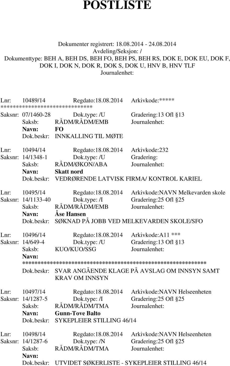 type: /I Gradering:25 Ofl 25 Åse Hansen Dok.beskr: SØKNAD PÅ JOBB VED MELKEVARDEN SKOLE/SFO Lnr: 10496/14 Regdato:18.08.2014 Arkivkode:A11 *** Saksnr: 14/649-4 Dok.