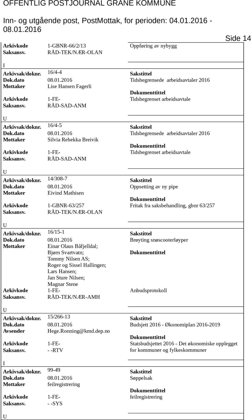 dato Tidsbegrensede arbeidsavtaler 2016 Mottaker Silvia Rebekka Breivik Arkivkode 1-FE- Tidsbegrenset arbeidsavtale Arkivsak/doknr. 14/308-7 Sakstittel Dok.