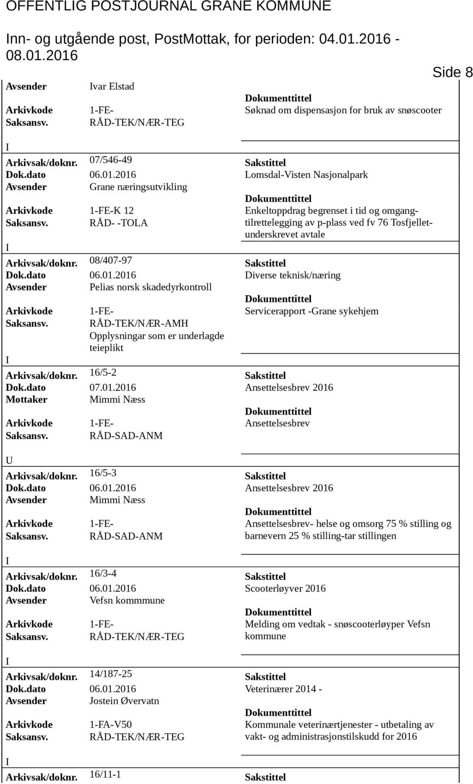 2016 Lomsdal-Visten Nasjonalpark Avsender Grane næringsutvikling Arkivkode 1-FE-K 12 Enkeltoppdrag begrenset i tid og omgang- tilrettelegging av p-plass ved fv 76 Tosfjelletunderskrevet avtale