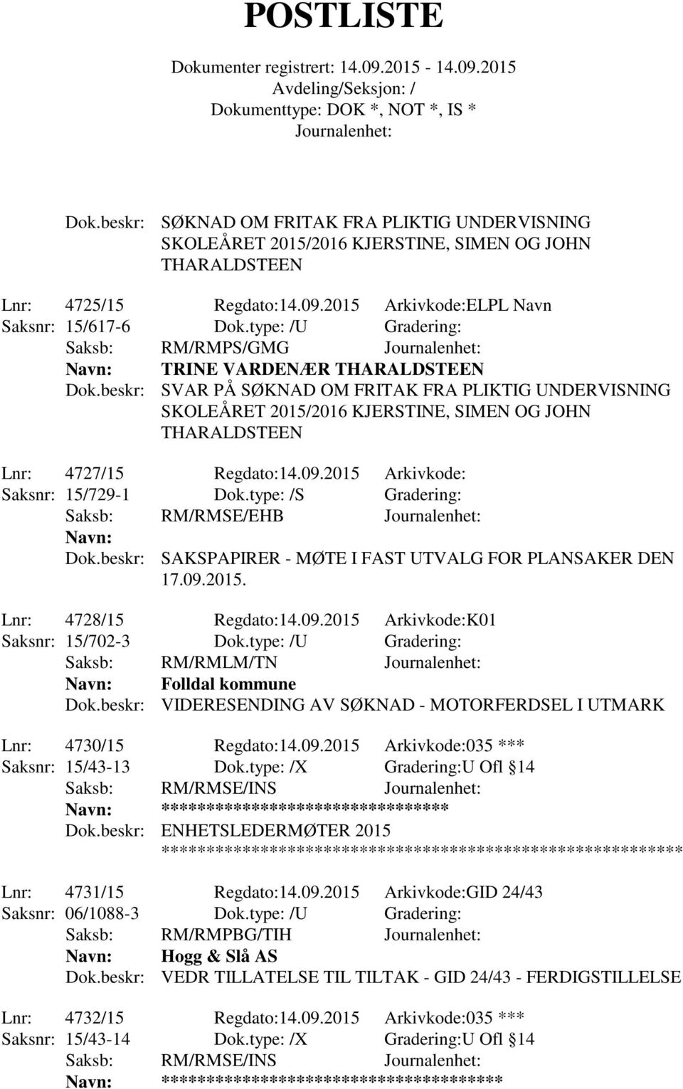 beskr: SVAR PÅ SØKNAD OM FRITAK FRA PLIKTIG UNDERVISNING SKOLEÅRET 2015/2016 KJERSTINE, SIMEN OG JOHN THARALDSTEEN Lnr: 4727/15 Regdato:14.09.2015 Arkivkode: Saksnr: 15/729-1 Dok.