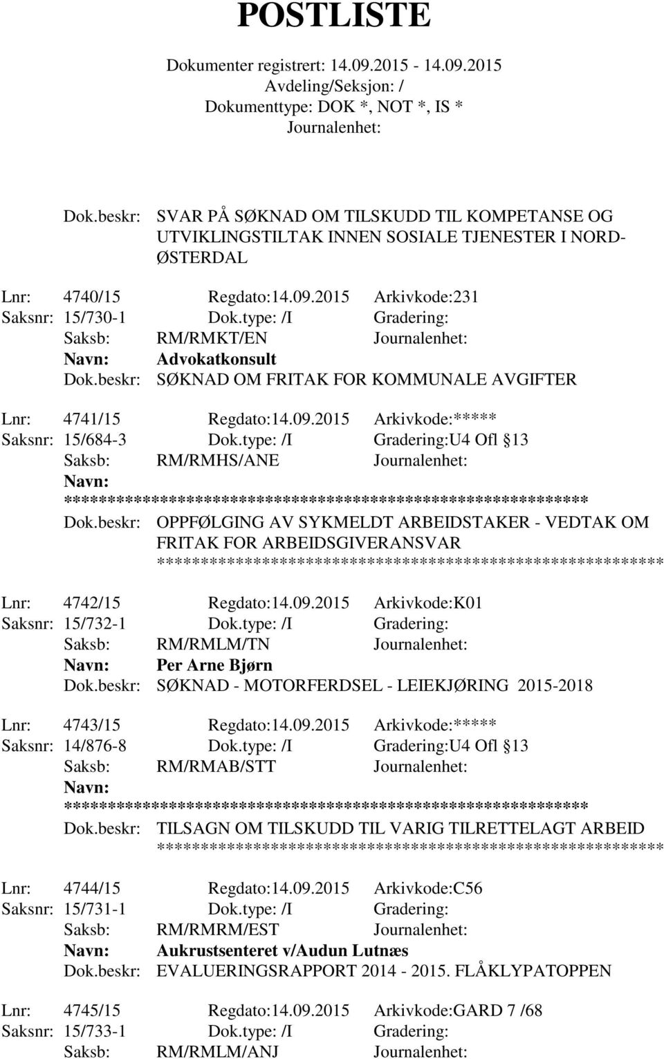 type: /I Gradering:U4 Ofl 13 Saksb: RM/RMHS/ANE ** Dok.beskr: OPPFØLGING AV SYKMELDT ARBEIDSTAKER - VEDTAK OM FRITAK FOR ARBEIDSGIVERANSVAR Lnr: 4742/15 Regdato:14.09.