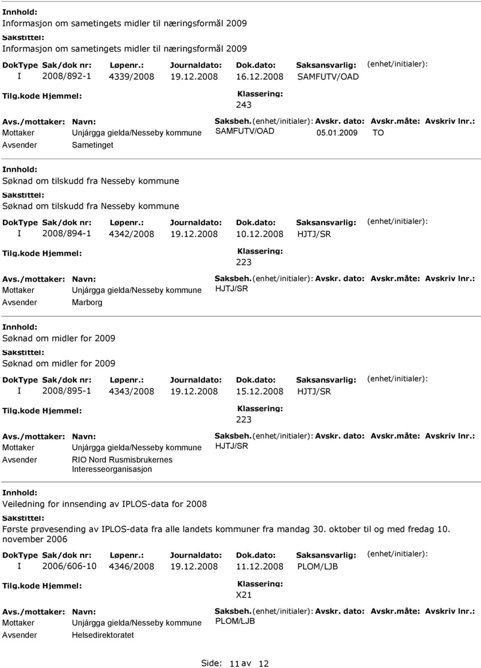 2009 TO Sametinget nnhold: Søknad om tilskudd fra Nesseby kommune Søknad om tilskudd fra Nesseby kommune 2008/894-1 4342/2008 10.12.2008 HJTJ/SR Avs./mottaker: Navn: Saksbeh. Avskr. dato: Avskr.