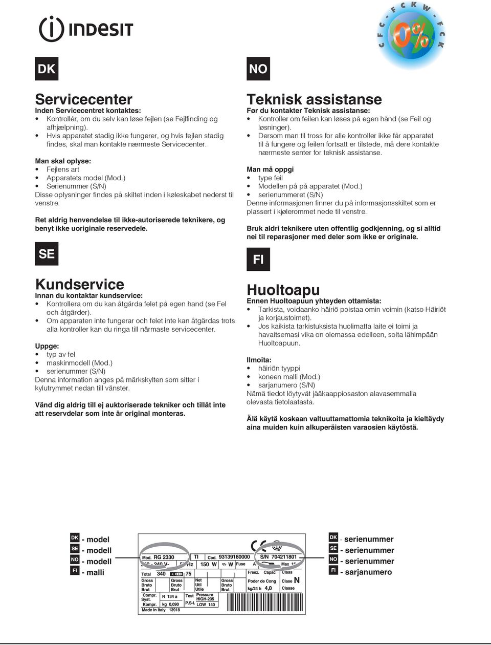 ) Serienummer (S/N) Disse oplysninger findes på skiltet inden i køleskabet nederst til venstre. Ret aldrig henvendelse til ikke-autoriserede teknikere, og benyt ikke uoriginale reservedele.