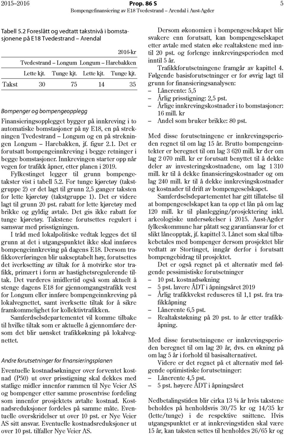 Takst 30 75 14 35 Bompenger og bompengeopplegg Finansieringsopplegget bygger på innkreving i to automatiske bomstasjoner på ny E18, en på strekningen Tvedestrand Longum og en på strekningen Longum