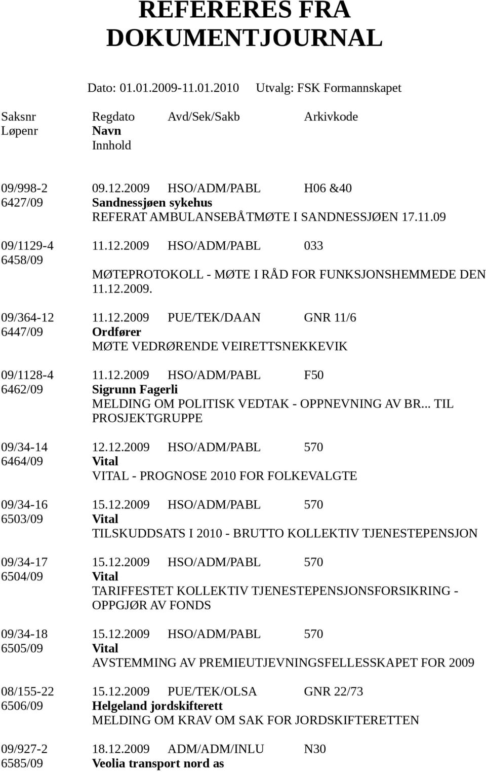 .. TIL PROSJEKTGRUPPE 09/34-14 12.12.2009 HSO/ADM/PABL 570 6464/09 Vital VITAL - PROGNOSE 2010 FOR FOLKEVALGTE 09/34-16 15.12.2009 HSO/ADM/PABL 570 6503/09 Vital TILSKUDDSATS I 2010 - BRUTTO KOLLEKTIV TJENESTEPENSJON 09/34-17 15.