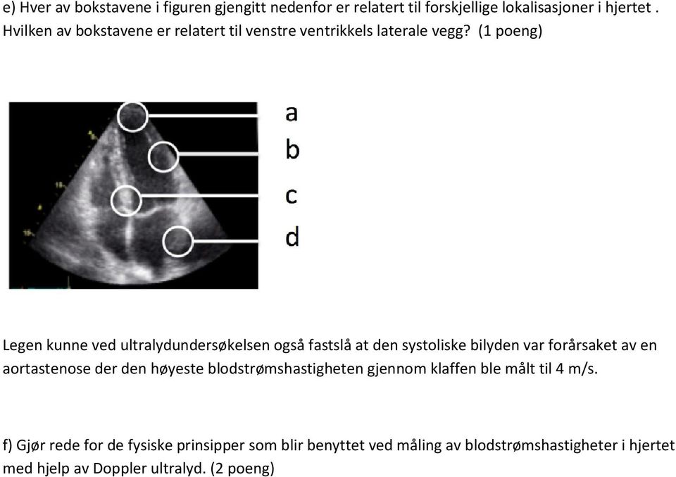 (1 poeng) Legen kunne ved ultralydundersøkelsen også fastslå at den systoliske bilyden var forårsaket av en aortastenose der den