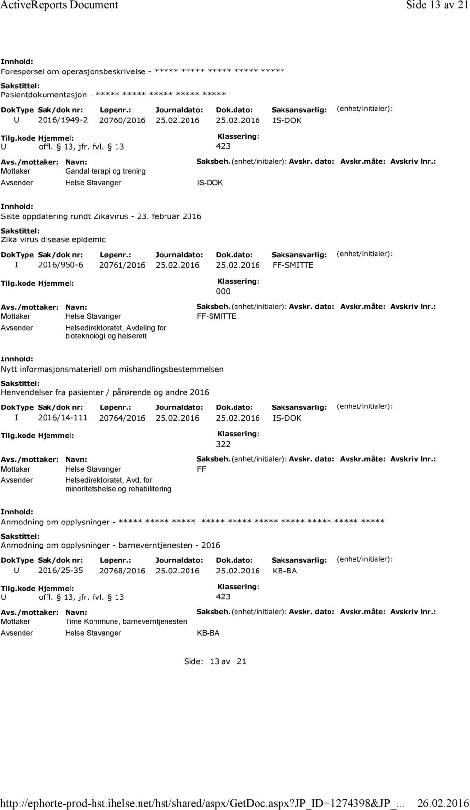 : Siste oppdatering rundt Zikavirus - 23. februar 2016 Zika virus disease epidemic 2016/950-6 20761/2016 FF-SMTTE 000 Helsedirektoratet, Avdeling for bioteknologi og helserett Saksbeh. Avskr.