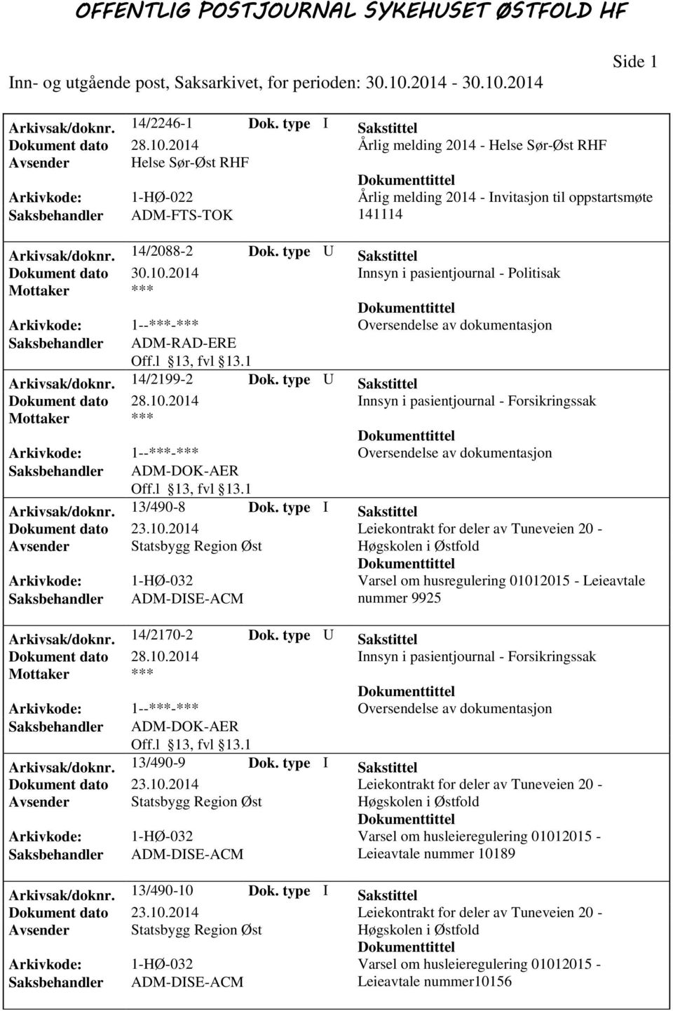 14/2088-2 Dok. type U Sakstittel Dokument dato 30.10.2014 Innsyn i pasientjournal - Politisak Saksbehandler ADM-RAD-ERE Arkivsak/doknr. 14/2199-2 Dok. type U Sakstittel Dokument dato 28.10.2014 Innsyn i pasientjournal - Forsikringssak Arkivsak/doknr.