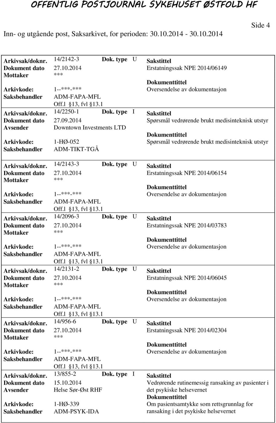 14/2143-3 Dok. type U Sakstittel Dokument dato 27.10.2014 Erstatningssak NPE 2014/06154 Arkivsak/doknr. 14/2096-3 Dok. type U Sakstittel Dokument dato 27.10.2014 Erstatningssak NPE 2014/03783 Arkivsak/doknr.