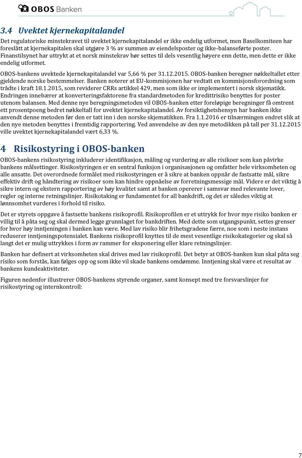 OBOS-bankens uvektede kjernekapitalandel var 5,66 % per 31.12.2015. OBOS-banken beregner nøkkeltallet etter gjeldende norske bestemmelser.