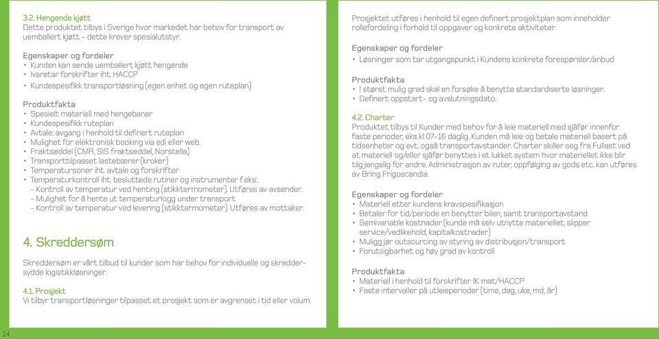 HACCP Kundespesifikk transportløsning (egen enhet og egen ruteplan) Produktfakta Spesielt materiell med hengebaner Kundespesifikk ruteplan Avtale: avgang i henhold til definert ruteplan Mulighet for