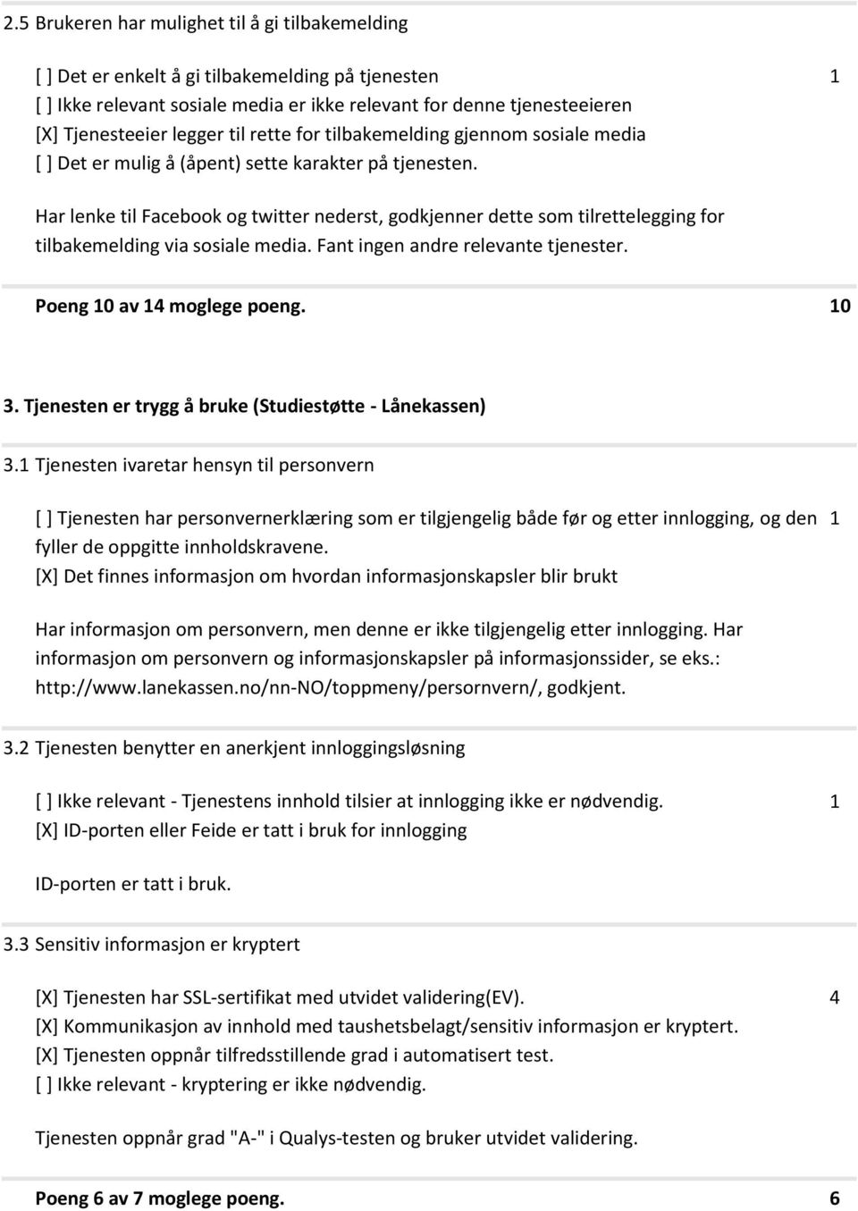 1 Har lenke til Facebook og twitter nederst, godkjenner dette som tilrettelegging for tilbakemelding via sosiale media. Fant ingen andre relevante tjenester. Poeng 10 