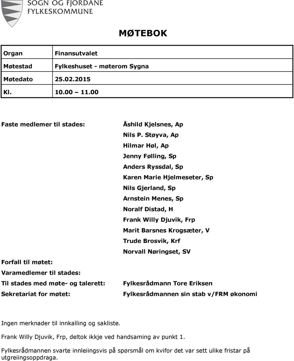 Støyva, Ap Hilmar Høl, Ap Jenny Følling, Sp Anders Ryssdal, Sp Karen Marie Hjelmeseter, Sp Nils Gjerland, Sp Arnstein Menes, Sp Noralf Distad, H Frank Willy Djuvik, Frp Marit Barsnes Krogsæter,