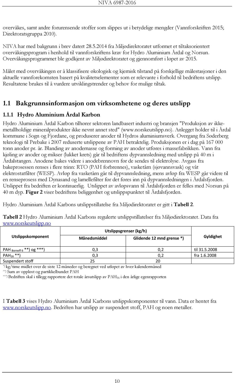 2014 fra Miljødirektoratet utformet et tiltaksorientert overvåkingsprogram i henhold til vannforskriftens krav for Hydro Aluminium Årdal og Norsun.