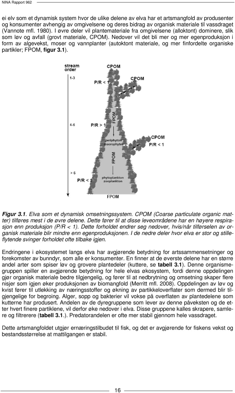 Nedover vil det bli mer og mer egenproduksjon i form av algevekst, moser og vannplanter (autoktont materiale, og mer finfordelte organiske partikler; FPOM, figur 3.1)