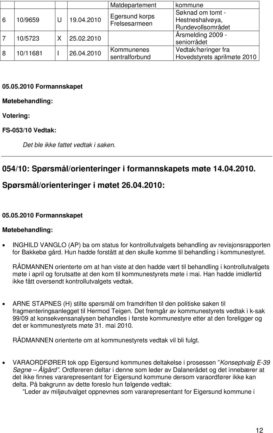 2010 Matdepartement Egersund korps Frelsesarmeen Kommunenes sentralforbund kommune Søknad om tomt - Hestneshalvøya, Rundevollsområdet Årsmelding 2009 - seniorrådet Vedtak/høringer fra Hovedstyrets