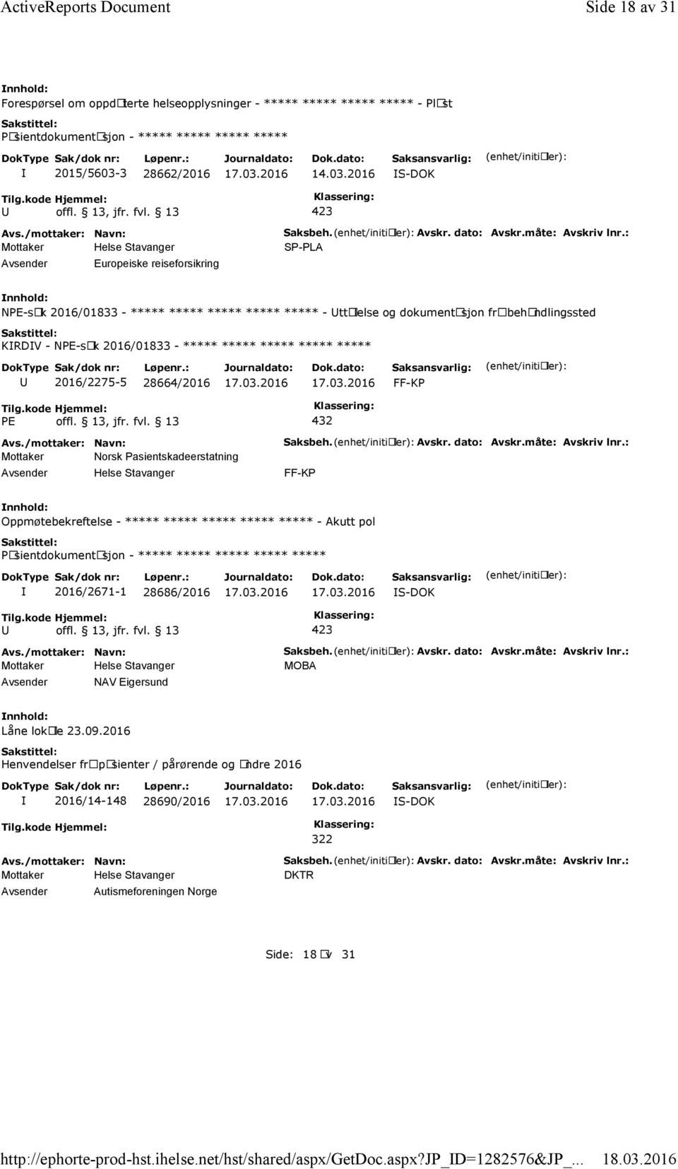 : SP-PLA NPE-sak 2016/01833 - ***** ***** ***** ***** ***** - ttalelse og dokumentasjon fra behandlingssted KRDV - NPE-sak 2016/01833 - ***** ***** ***** ***** ***** 2016/2275-5 28664/2016 FF-KP PE