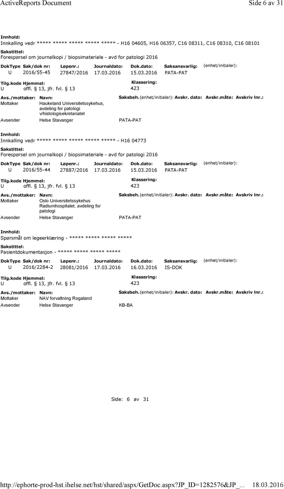 27847/2016 Mottaker Haukeland niversitetssykehus, avdeling for patologi v/histologisekretariatet Saksbeh. Avskr. dato: Avskr.måte: Avskriv lnr.