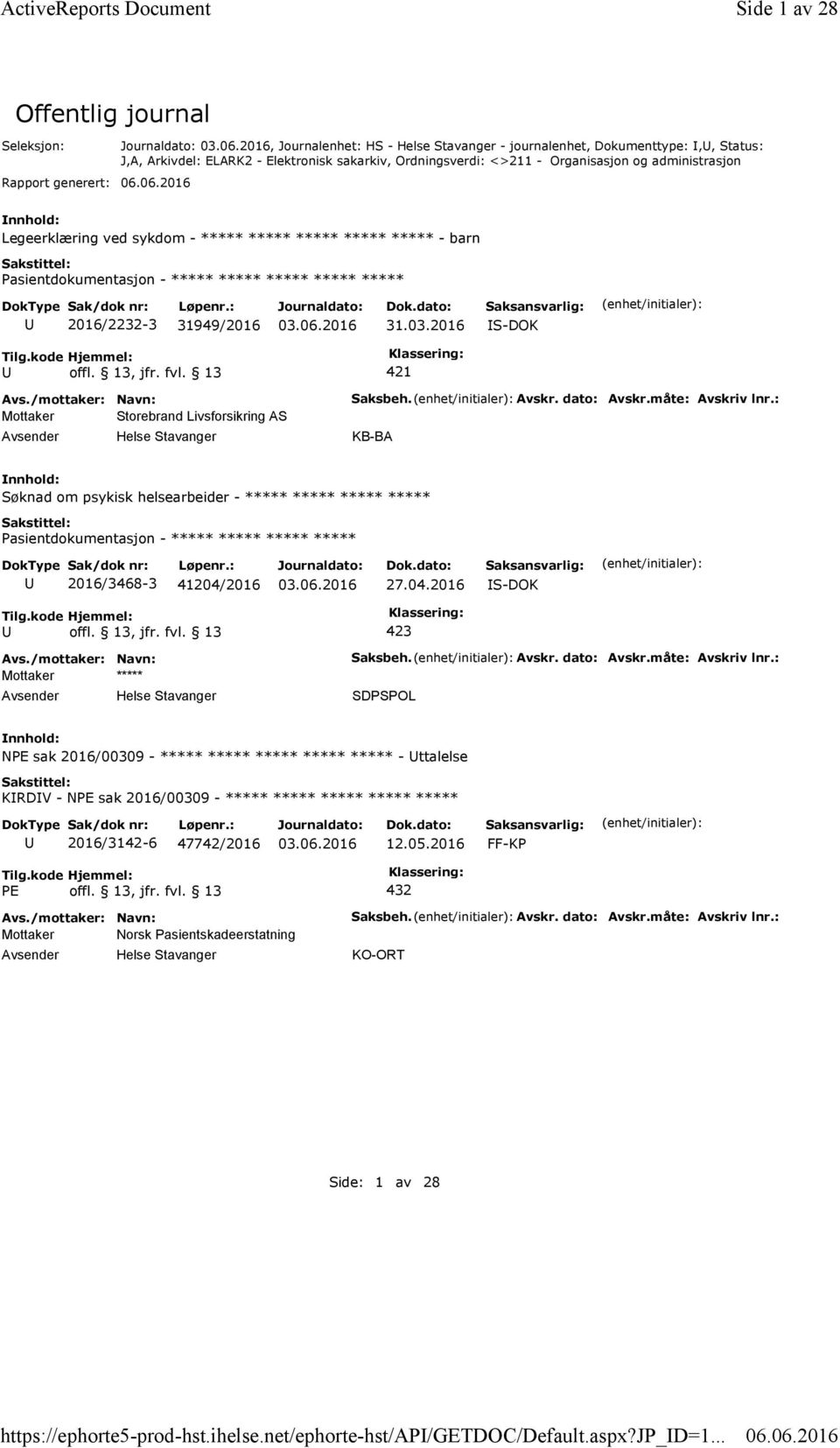 <>211 - Organisasjon og administrasjon Legeerklæring ved sykdom - ***** ***** ***** ***** ***** - barn 2016/2232-3 31949/2016 31.03.